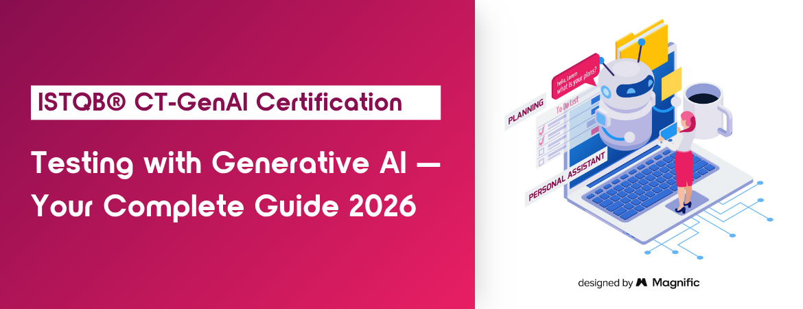 Woman interacts with an AI chatbot robot on a laptop screen, surrounded by a to-do list and chat elements. Concept image for the ISTQB® CT-GenAI Certification: Testing with Generative AI – Your Complete Guide 2026.